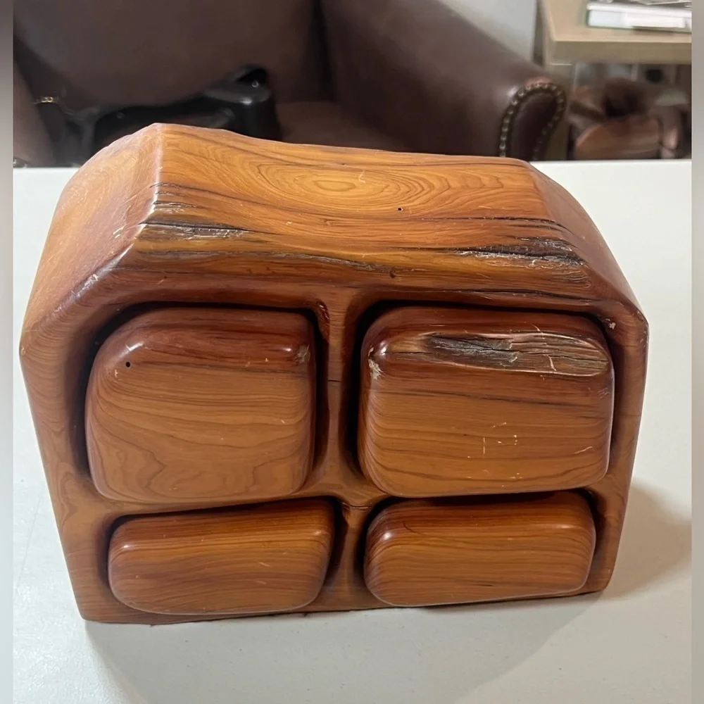 Jeff Trag Carved Knotty Wood Handmade 4 Drawer Jewelry Box Vintage Hand Carved